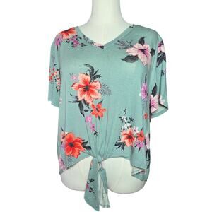 NWT EVRI Womens 1X Teal Floral Tie Front Knit Top Short Sleeve Casual Shirt